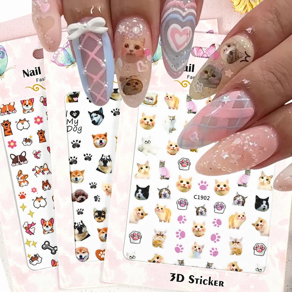 Cute Blushimmer 3D cat and dog nail decals with cartoon puppy and kitty designs for Y2K-inspired nail art decoration.