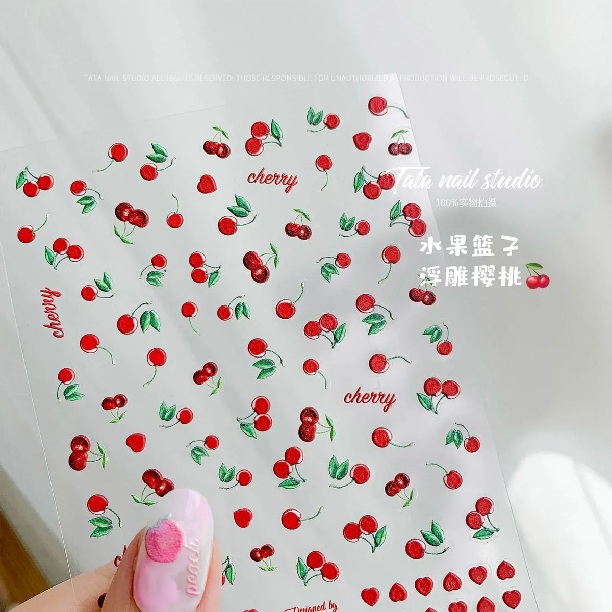 Red cherry bowknot 5D nail art stickers with shiny crystals and rhinestones, perfect for DIY manicure decoration.