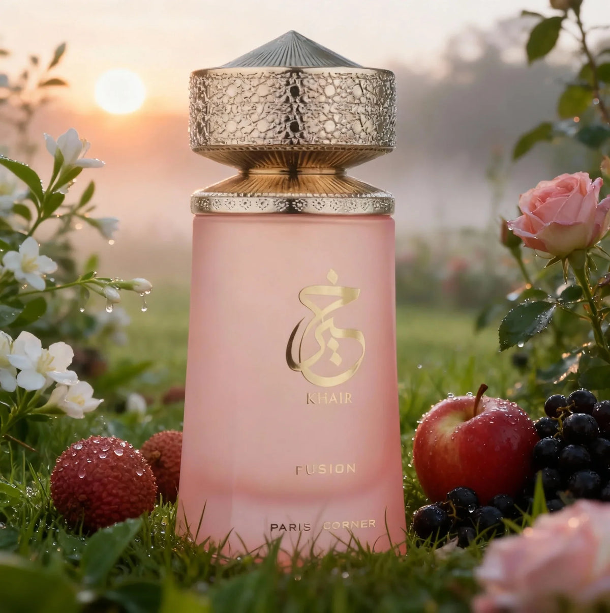 Blushimmer Paris Corner Khair Fusion Lychee perfume bottle with fruity floral scent including lychee, blackcurrant, and red apple.