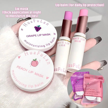 Blushimmer Grape Lip Care Sleep Mask set with pink nourishing lip balm, moisturizing night repair lip gloss, and anti-cracking formula