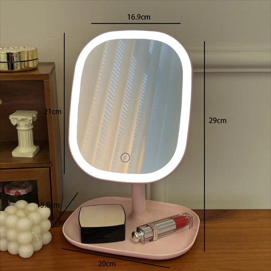Blushimmer LED vanity mirror with adjustable three-color lighting, touch control, desktop design, and built-in charging port.