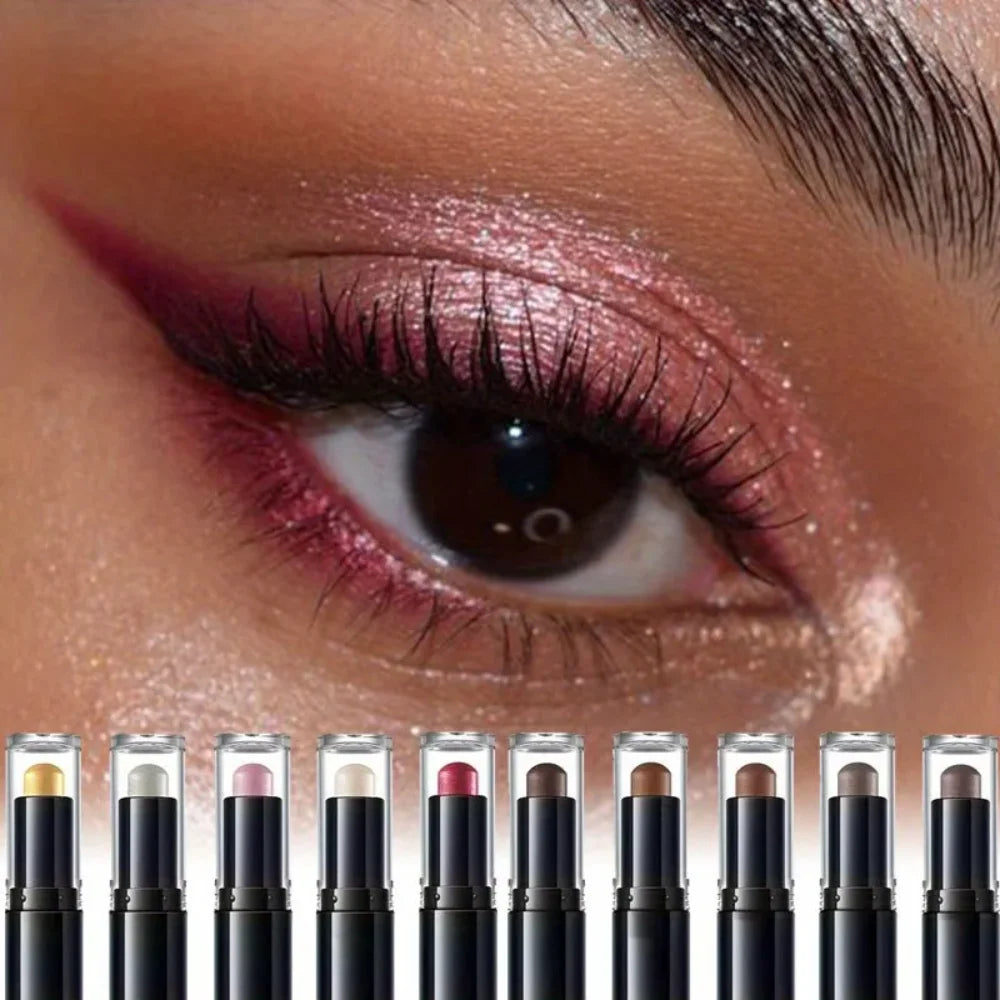 Blushimmer dual-ended eyeshadow stick with matte and shimmer shades, waterproof, long-lasting cream pencil for smoky or natural looks.