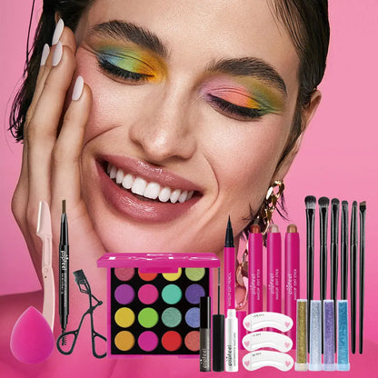 Blushimmer makeup gift set for women with eyebrow powder, lipstick, lip gloss, eyeshadow palette, brushes, shimmer and glitter.