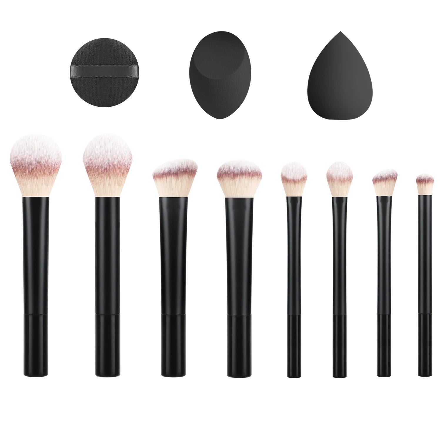  8Pcs Black Long Tube Light Bristle Face Eye Brush Set + 2 Beauty Sponges 1 Puff, Powder/Blush/Eyeshadow Brush