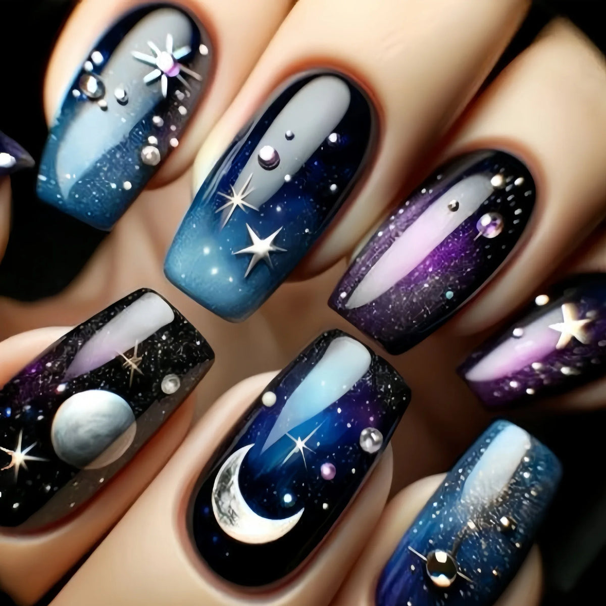 Set of 24 dark wind gradient long white bow nail patches by Blushimmer, showcasing elegant fake nail designs with bow accents.