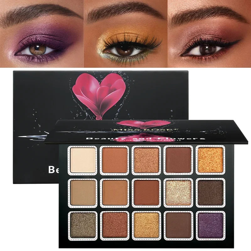 Blushimmer 15-color glitter eyeshadow palette with matte, waterproof pressed powders for long-lasting eye makeup looks.