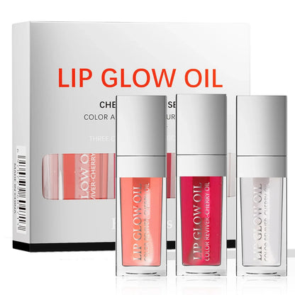 Blushimmer Crystal Jelly Moisturizing Lip Oil Set with tinted lip gloss, plumping lip glow oil, and sexy lip plumper in a colorful display.