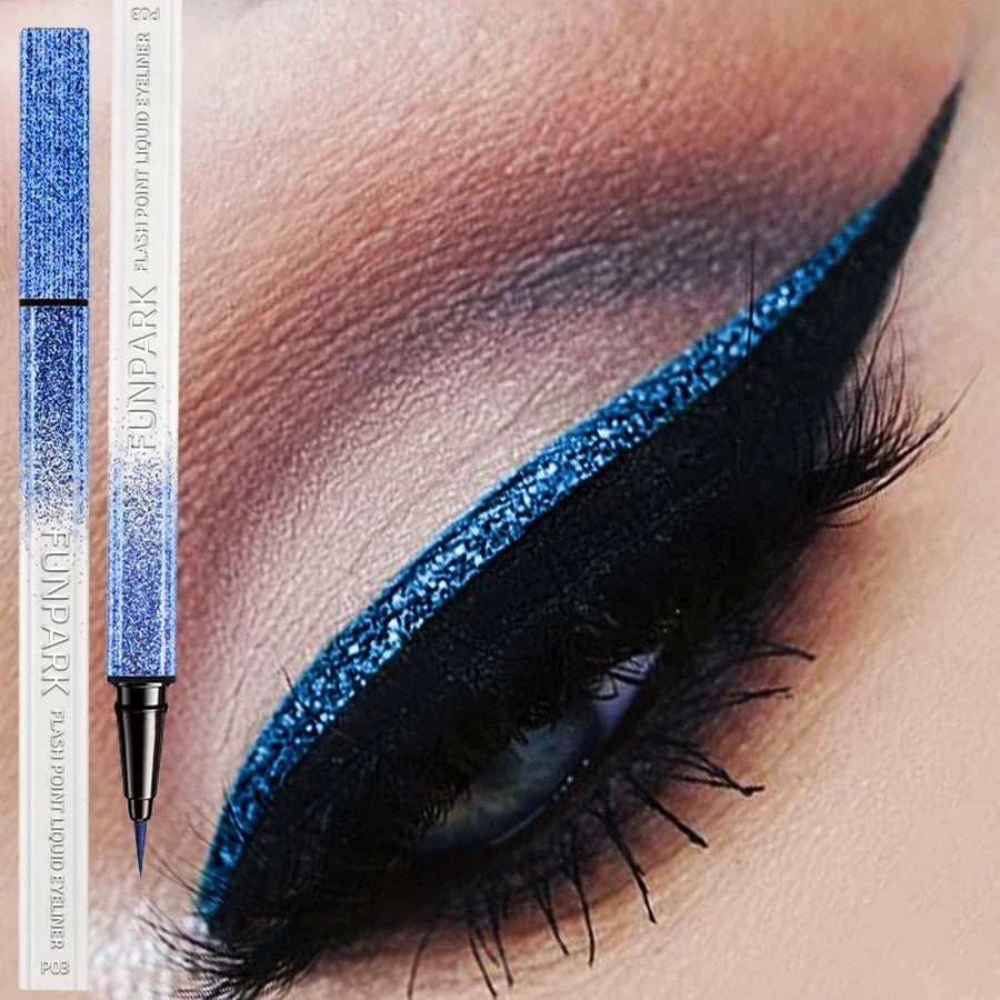 Blushimmer blue shimmer waterproof liquid eyeliner pen with high-shine finish, easy to wear, smudge-proof eye makeup.