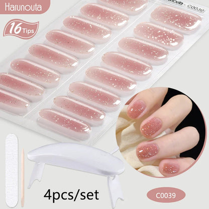 Blushimmer Harunouta 4-piece set of gradient jelly semi-cured gel nail strips with nude pink waterproof stickers and nail lamp.