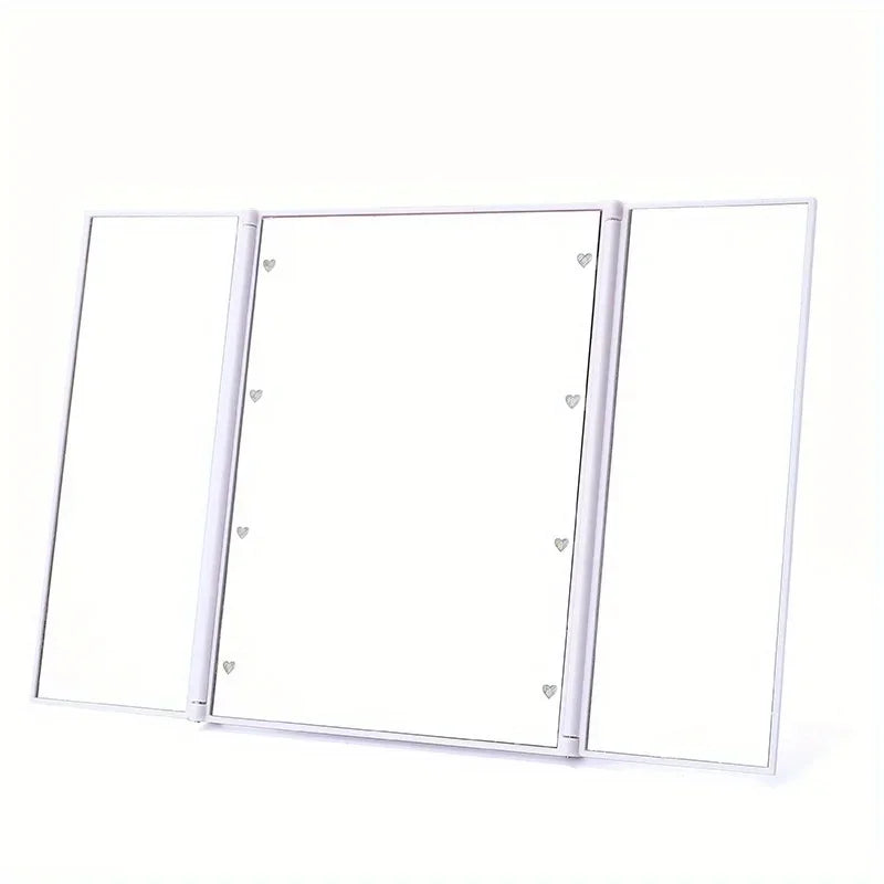 Blushimmer portable three-sided LED makeup mirror with adjustable angles, ideal for travel and quick touch-ups