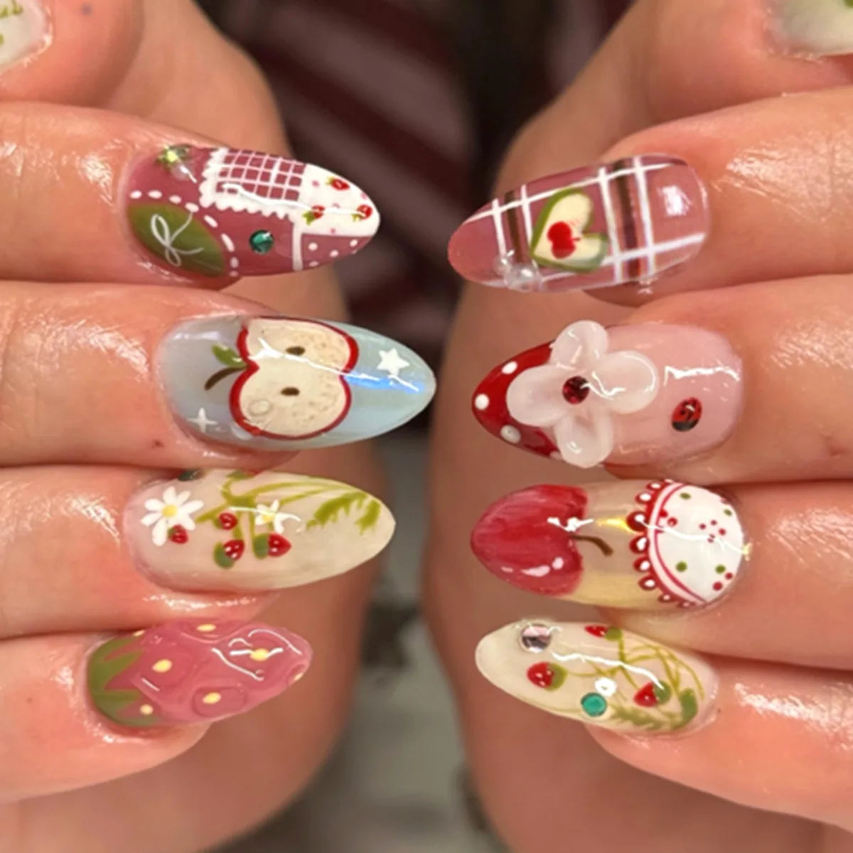Set of 24 Blushimmer wine red almond press-on nails with cartoon rabbit, bowknot, plaid, pearl designs, French style, detachable fake nails