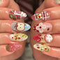 Set of 24 Blushimmer wine red almond press-on nails with cartoon rabbit, bowknot, plaid, pearl designs, French style, detachable fake nails