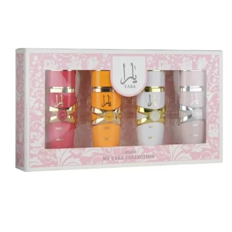 Blushimmer women's perfume gift set with four 25ml bottles featuring floral, fruity, gourmand, vanilla, musk, amber, and jasmine scents