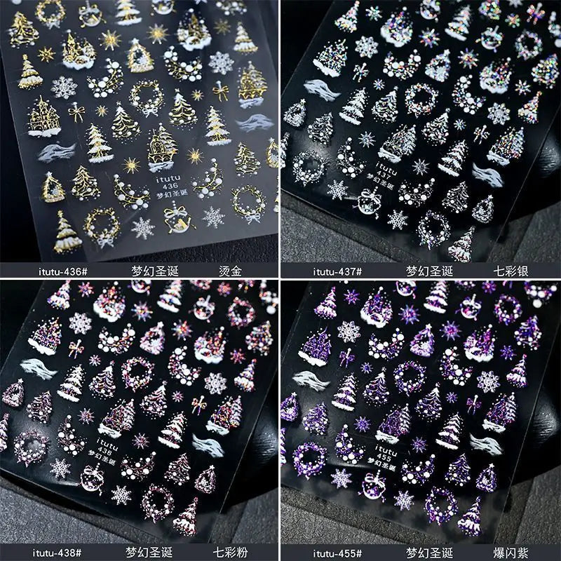 Silver snowflake Christmas nail stickers by Blushimmer, self-adhesive metal decals for winter holiday nail art and manicures.