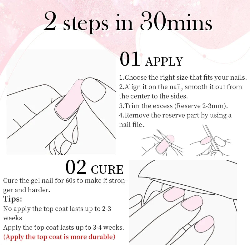 Blushimmer 20Tips gradient French semi-cured gel nail stickers with full cover design, ideal for UV lamp manicures and press-on nails.