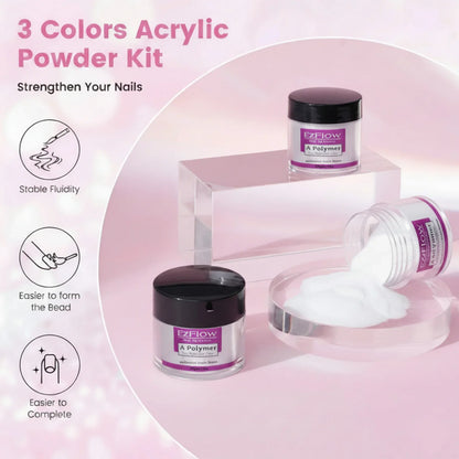 Blushimmer acrylic nail kit with clear, white, pink powders, acrylic liquid, brush, forms, cuticle oil pen, and manicure tools.