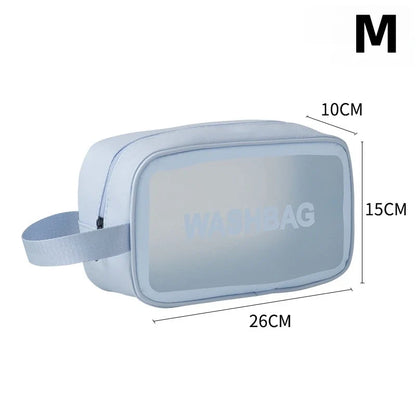 Transparent waterproof travel wash bag by Blushimmer with large capacity makeup and cosmetic organizer for women.