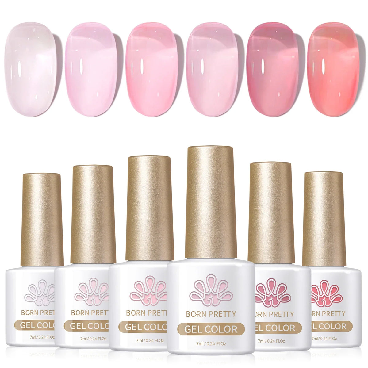 Six bottles of Blushimmer Born Pretty crystal amber gel nail polish set in jelly pink and nude shades for winter manicure.