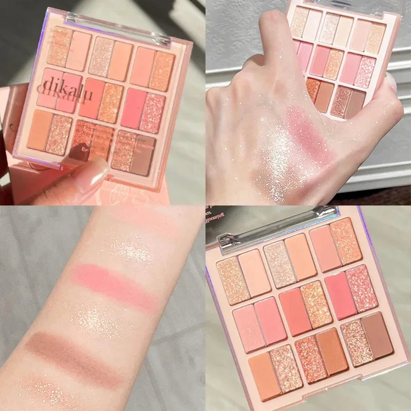Blushimmer 18-color color blocking eyeshadow palette with pink and purple shades for summer eye makeup looks.