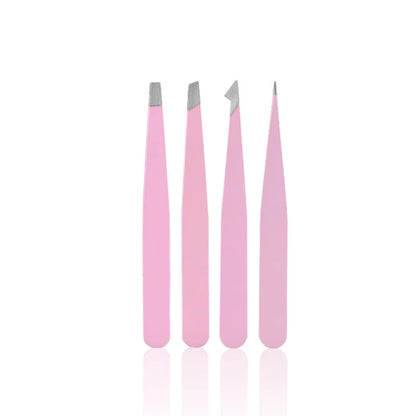 Set of four stainless steel professional tweezers from Blushimmer, including angled tweezers for eyebrow and beard hair removal.