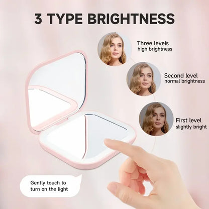 Blushimmer compact LED travel mirror with 1X/2X magnification, folding design, small pocket size, ideal for makeup and on-the-go use