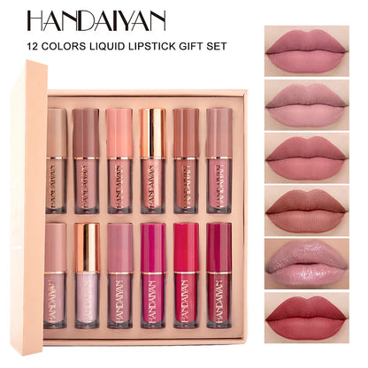 Blushimmer 12-color matte liquid lipstick kit featuring waterproof, long-lasting lip glosses in a non-stick cup design for women.