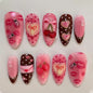 Set of 24 Blushimmer wine red almond press-on nails with cartoon rabbit, bowknot, plaid, pearl, and French nail designs for girls.