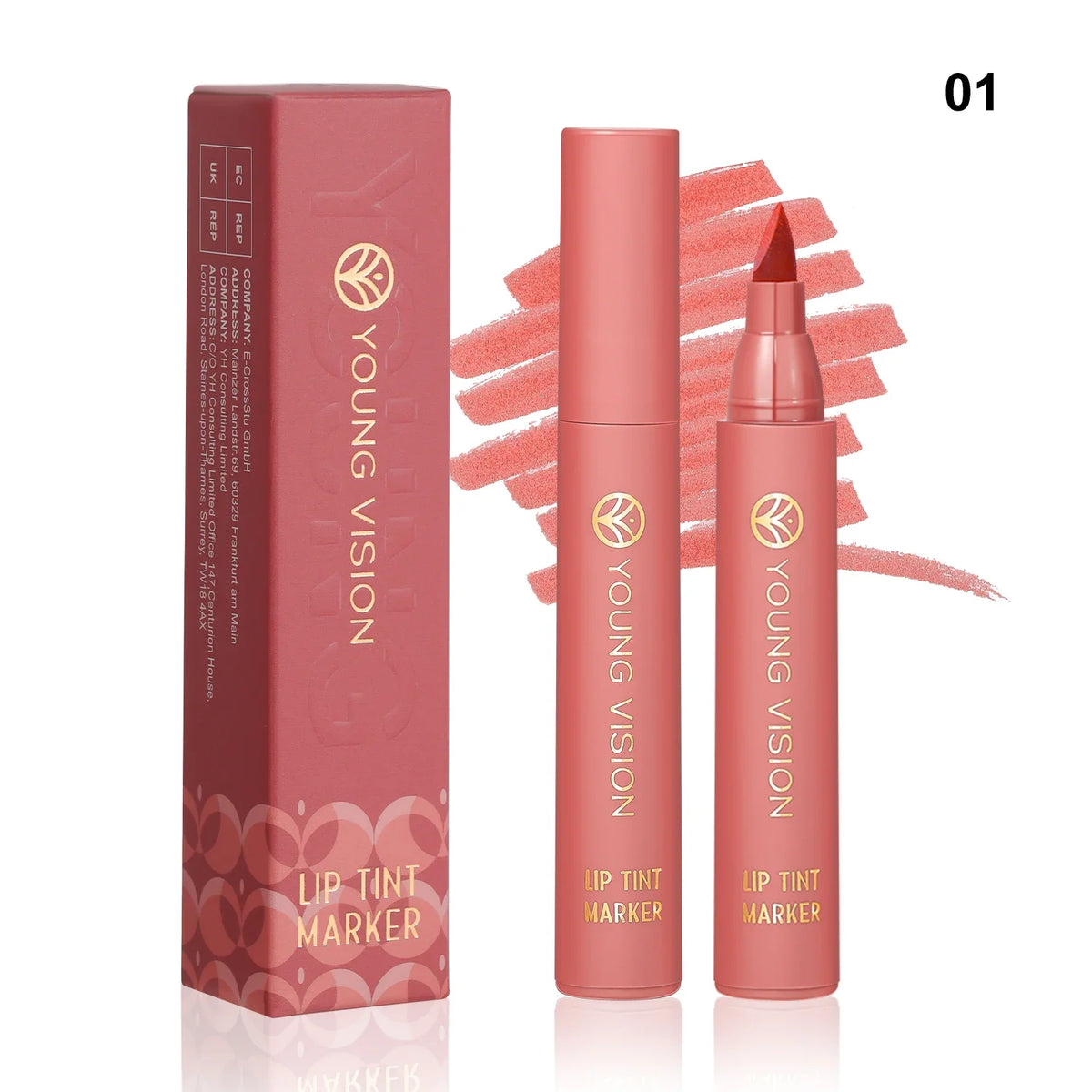 Blushimmer lip tint pen with 6 matte water lipstick shades, featuring smooth application and long-lasting stain, shown with cap off.