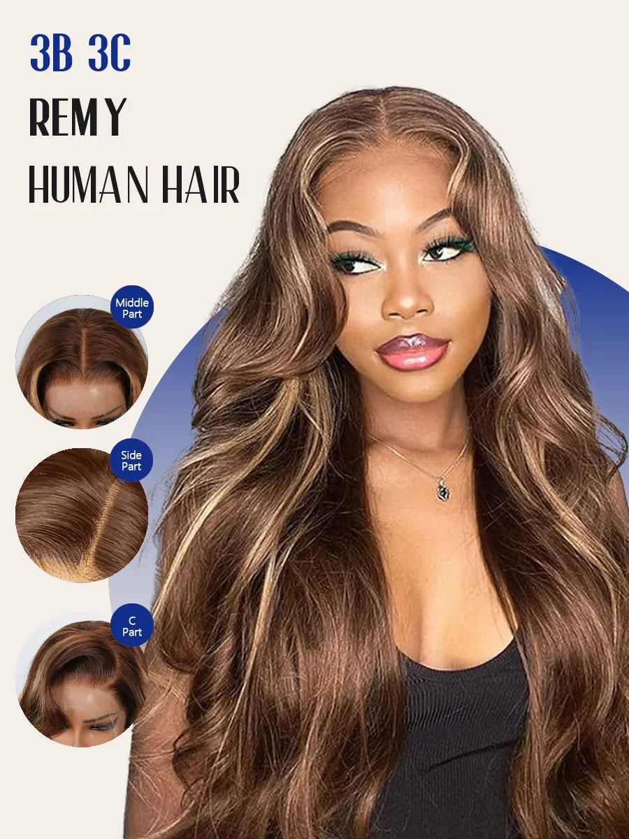 Selvanelle P4/27 Highlight Body Wave human hair wig with 40-inch length, high density, transparent Swiss lace frontal.