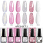 Blushimmer MTSSII 6-piece set of sparkly red gel nail polish bottles with shiny finish for gel nails and nail art.