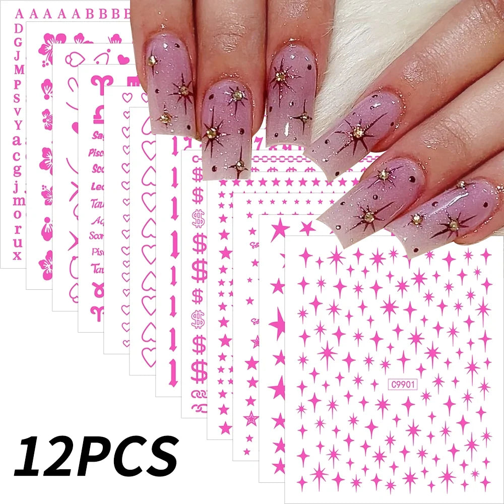Set of 12 Blushimmer bronzing laser star nail stickers featuring 3D alphabet, heart, and flower designs for DIY manicures.