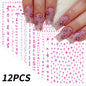 Set of 12 Blushimmer bronzing laser star nail stickers featuring 3D alphabet, heart, and flower designs for DIY manicures.