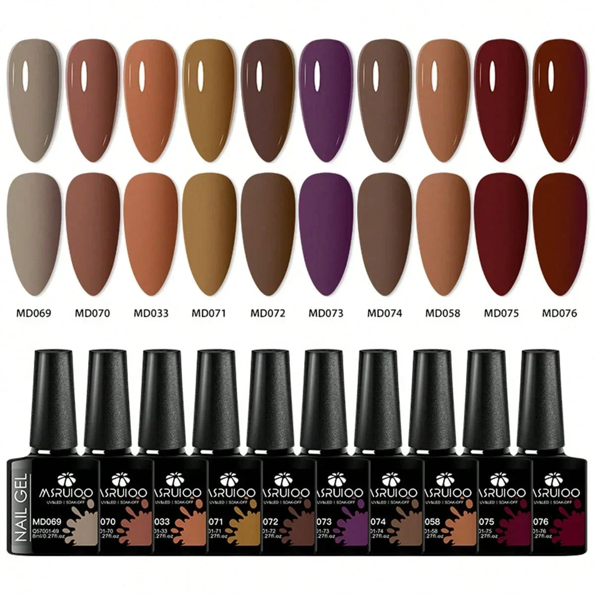 Blushimmer 10-piece HEMA-free gel nail polish set with vibrant colors for all-season DIY manicures, long-lasting UV/LED gel nails.