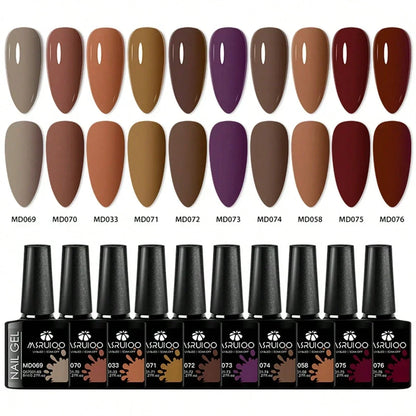 Blushimmer 10-piece HEMA-free gel nail polish set with vibrant colors for all-season DIY manicures, long-lasting UV/LED gel nails.