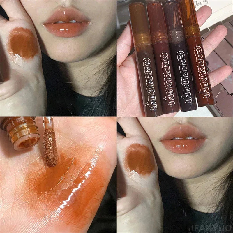 Blushimmer punk dark brown mirror water lip gloss with red tint, transparent glass lip oil, waterproof liquid lipstick on a makeup surface.