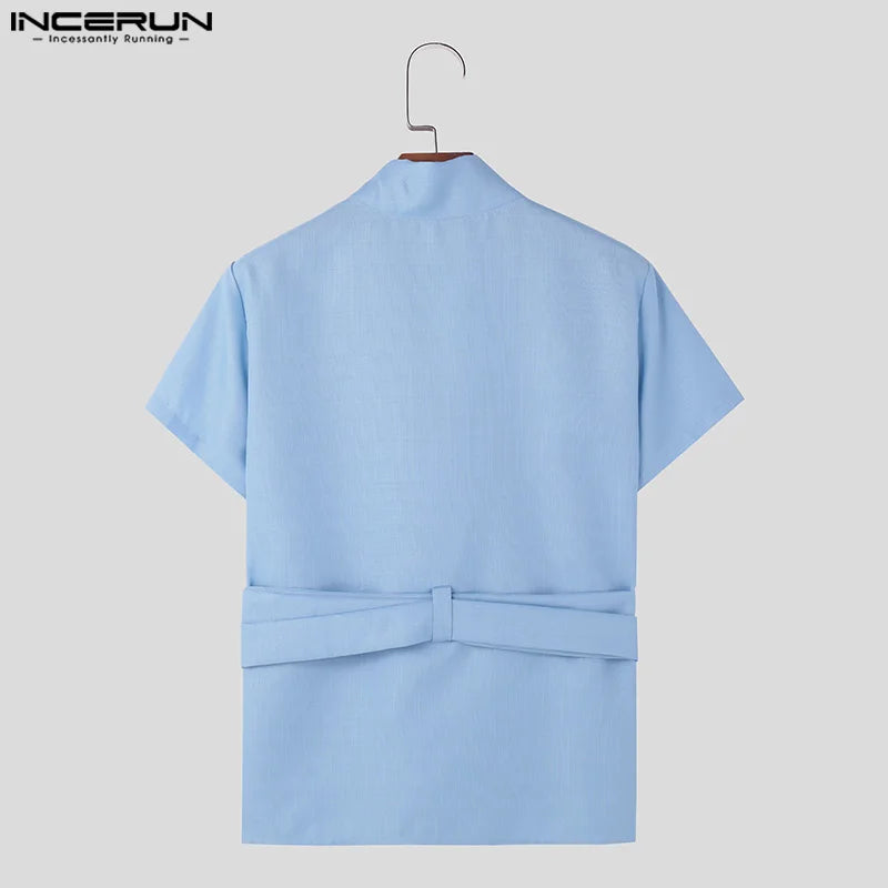 INCERUN men's solid color V-neck T-shirt with short sleeves, casual summer streetwear top, featuring a lace-up design.