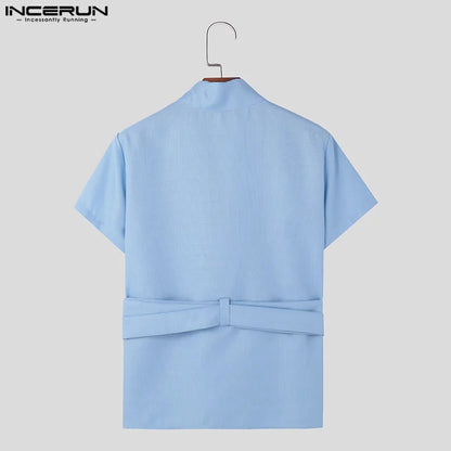 INCERUN men's solid color V-neck T-shirt with short sleeves, casual summer streetwear top, featuring a lace-up design.