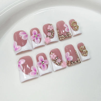 10pcs Ocean Style fake nails set by Blushimmer with 3D flowers, pearls, gradient blush, and French tip designs on press-on duck bill nails