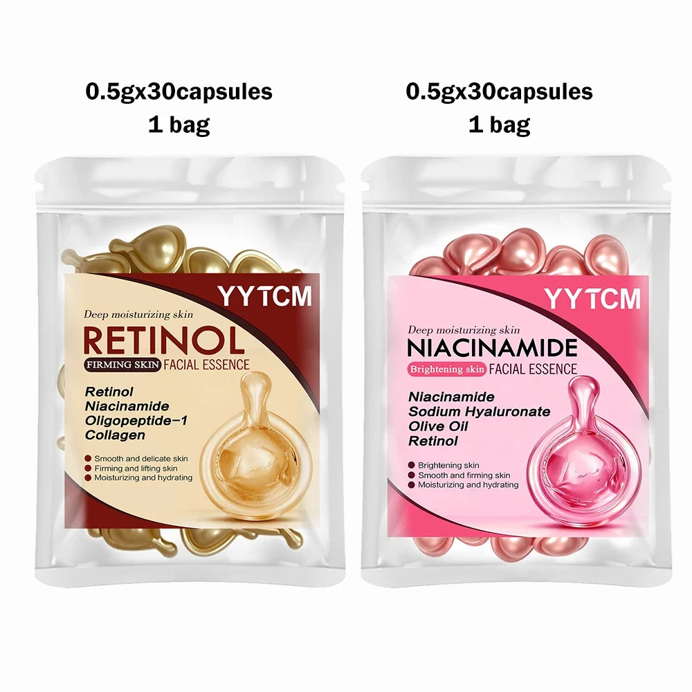 Blushimmer Niacinamide Facial Essence Capsules with retinol, olive oil, gardenia extract for brightening, moisturizing, and smoothing skin.