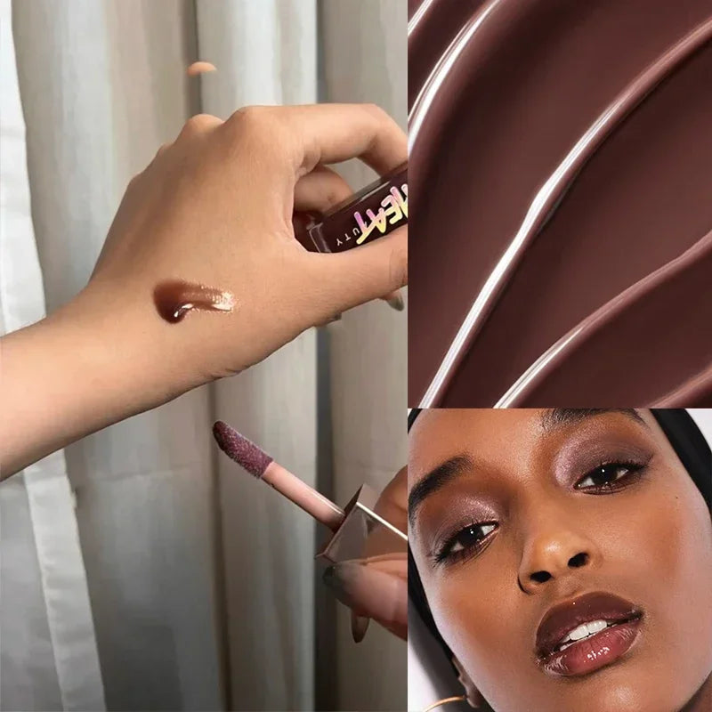 Blushimmer Fenty Beauty mauve lip gloss in nude pink, waterproof liquid lipstick with a glossy lip tint and stain finish.