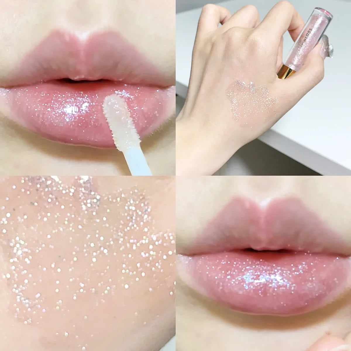 Blushimmer water-glossy lip glaze with sparkling, moisturizing formula for plump, shiny, and hydrated lips.