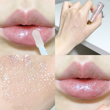 Blushimmer water-glossy lip glaze with sparkling, moisturizing formula for plump, shiny, and hydrated lips.