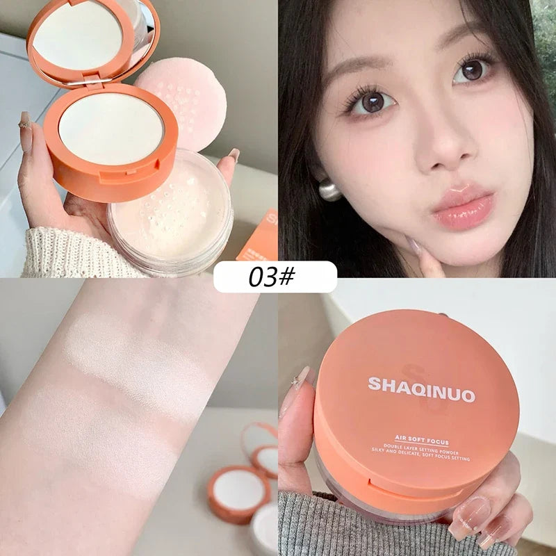Blushimmer Rose Pink Loose Makeup Powder with lavender purple tint, waterproof, oil control, and transparent pressed concealer.