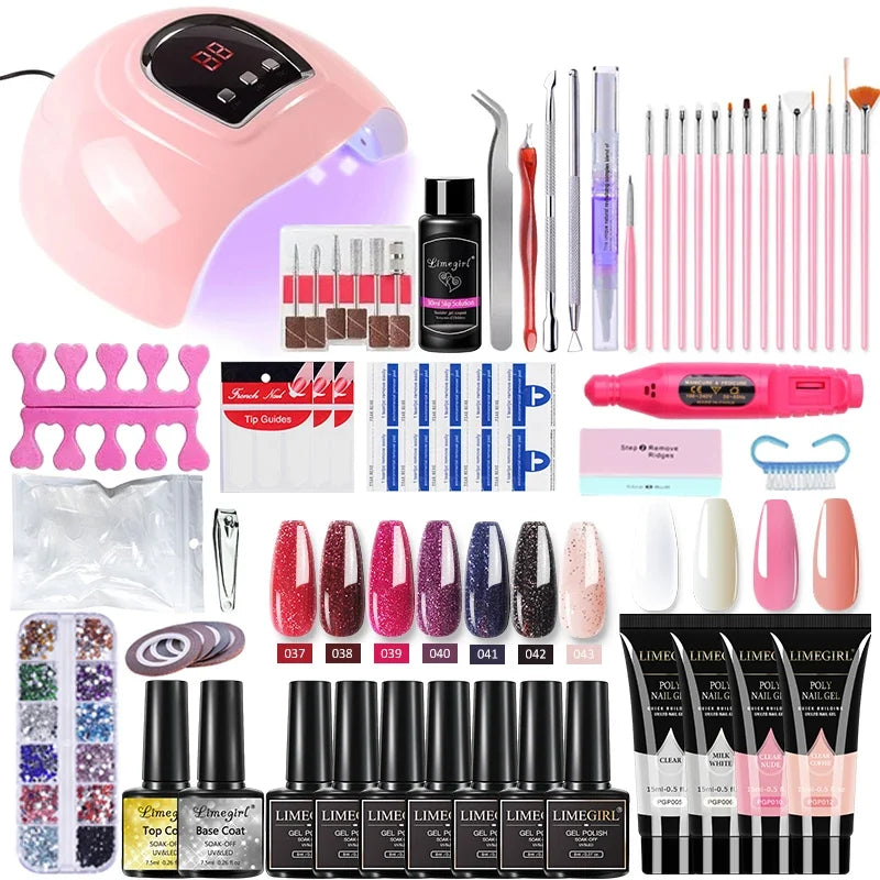 Blushimmer Limegirl nail set with 54W UV gel nail lamp, 18/12/7 color gel polish, nail drill, and tools for professional manicures.