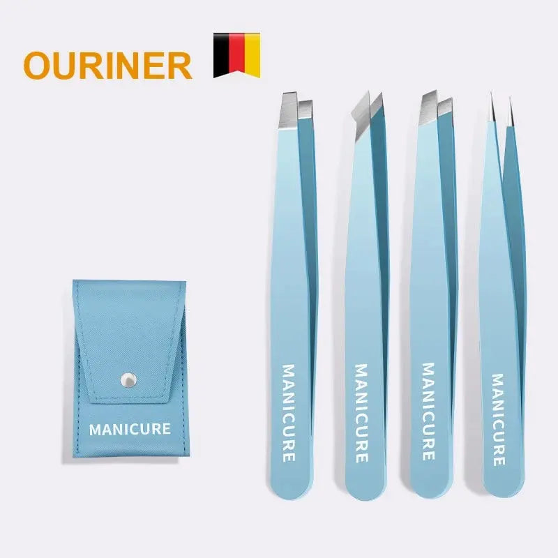 Colorful stainless steel eyebrow tweezer by Blushimmer with slanted tip for precise hair removal and makeup application.