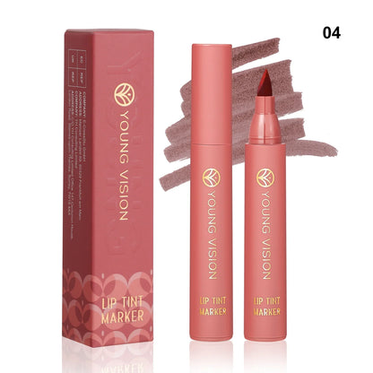 Blushimmer Lip Tint Pen with six matte water lipstick shades, featuring a smooth, long-lasting lip stain and non-stick cup design.