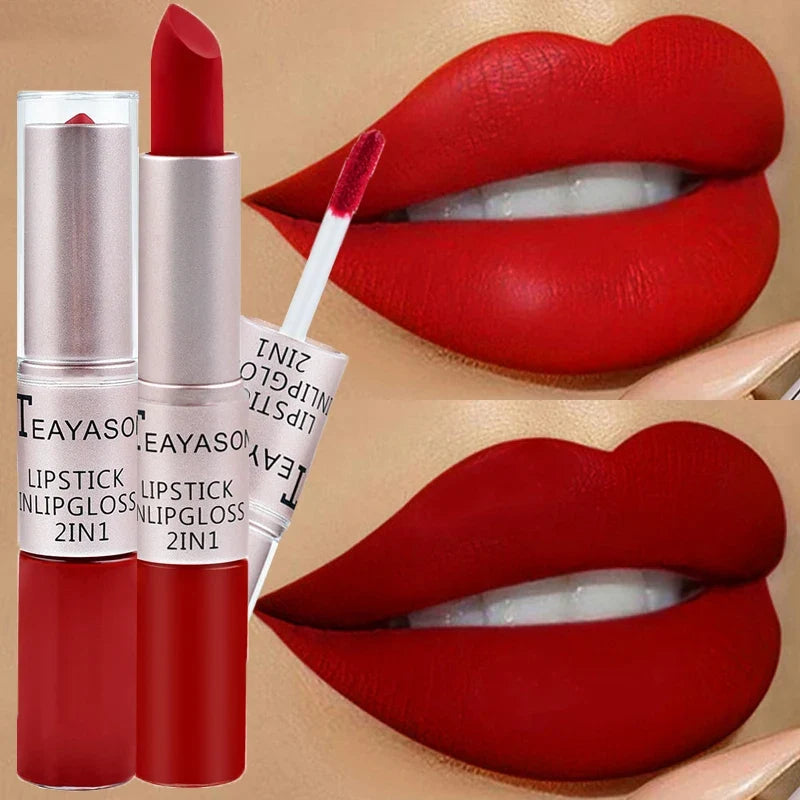 Blushimmer 2-in-1 velvet matte lipstick with double head lip gloss, waterproof, non-stick cup, vibrant red color.