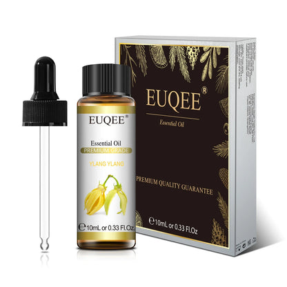 EUQEE 10ml natural essential oils including lavender, jasmine, eucalyptus, vanilla, sandalwood, orange, lemon, oregano, and neroli.