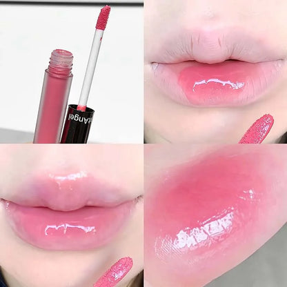 Blushimmer Berry Red mirror translucent lip gloss with hydrating water-light texture and clear jelly finish on nude brown lipstick