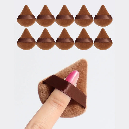 Set of 10 Blushimmer mini triangle velvet powder puffs for face contouring, eyes, and corner makeup blending.